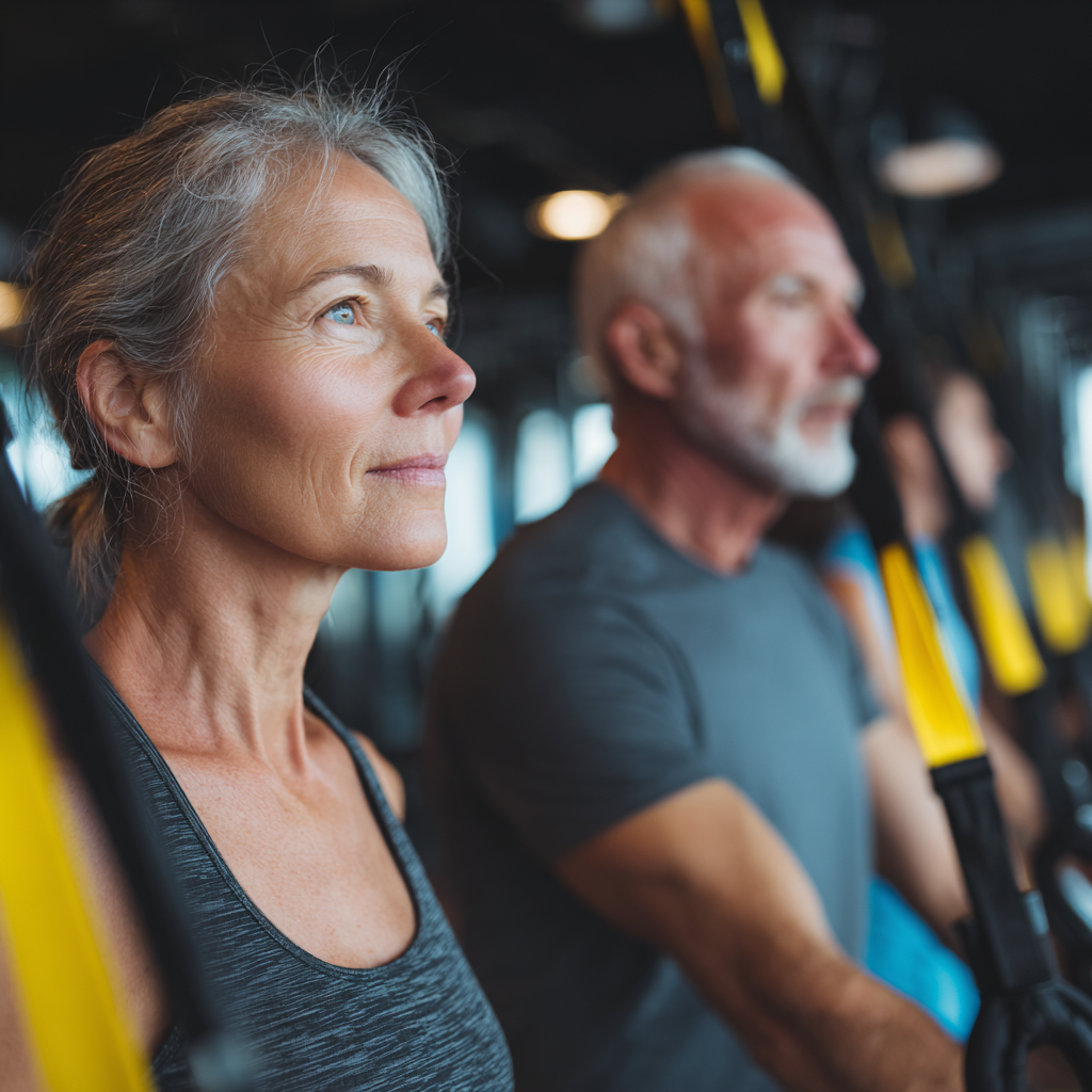 middle-aged adults training with functional equipment in contemporary fitness space